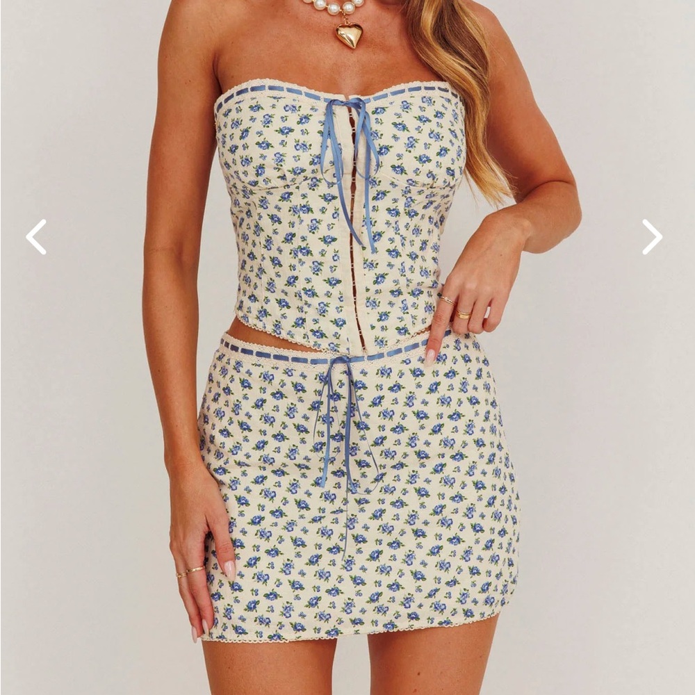 Blue Ribbon Floral Top & Skirt SET